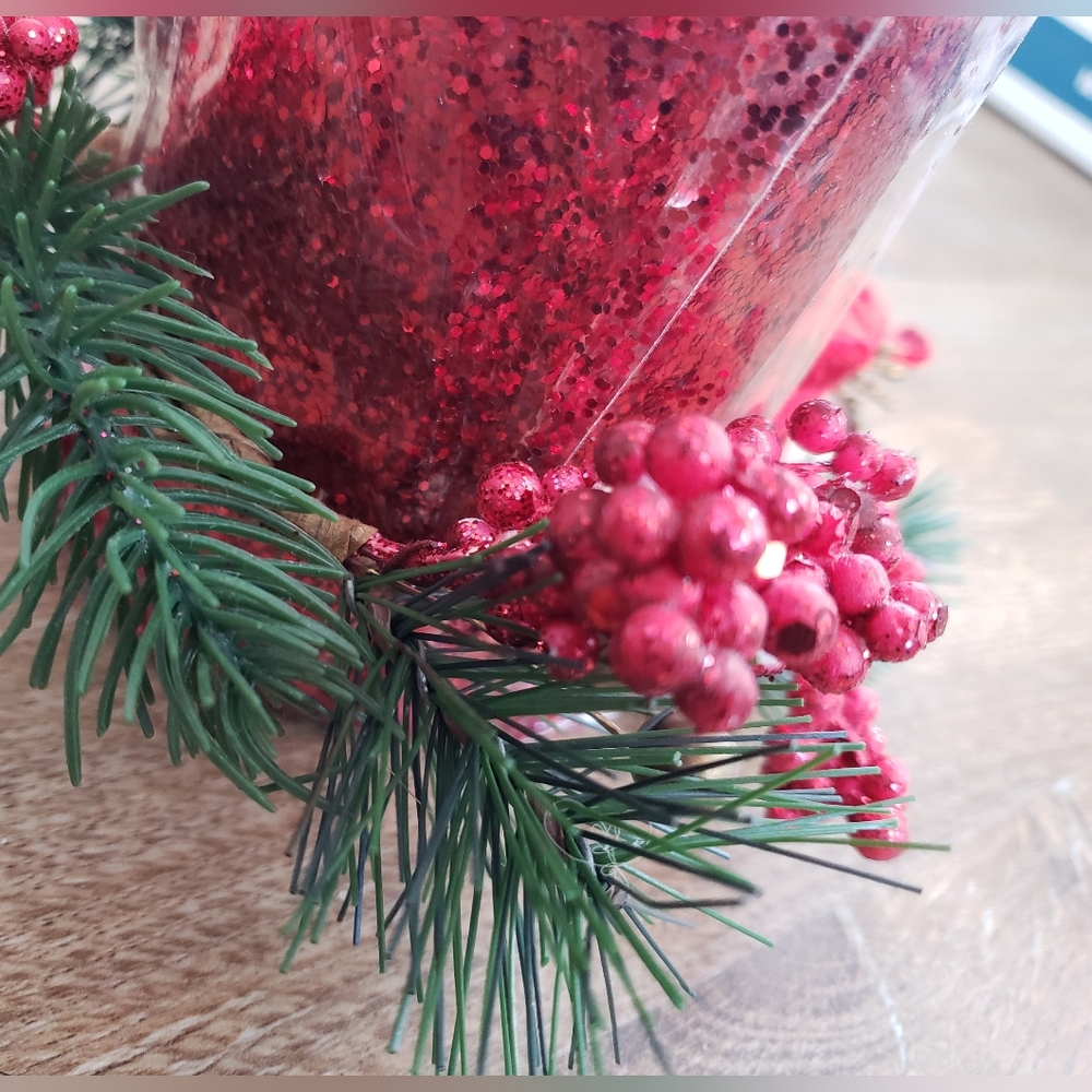 Christmas Glitter Candle with Pine and Berry Decoration - Picture 3 of 3